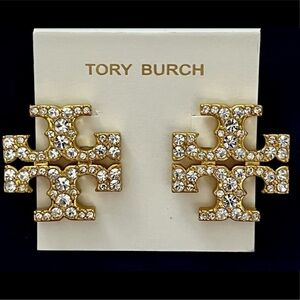 Tory Burch Kira Gold Crystal Logo Stud Earrings NEW $259